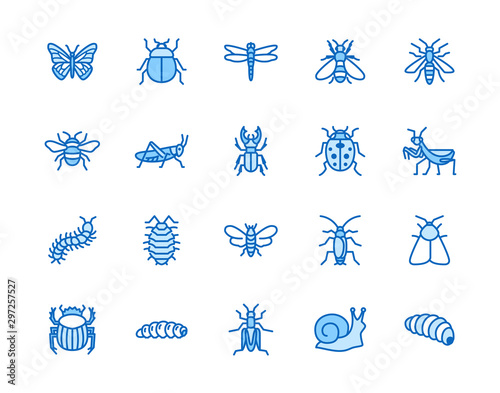 Insect flat line icons set. Butterfly, bug, dung beetle, grasshopper, cockroach, scarab, bee, caterpillar vector illustrations. Outline signs for insects pest. Pixel perfect 64x64. Editable Strokes