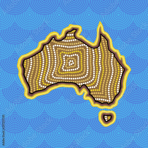 Australian aboriginal art seamless vector pattern with dotted circles, Australia map and crooked stripes