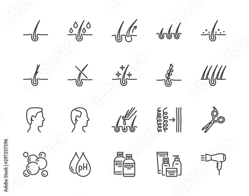 Hair loss treatment flat line icons set. Shampoo ph, dandruff, hair growth, keratin, conditioner bottle vector illustrations. Outline signs for beauty store. Pixel perfect 64x64. Editable Strokes photo