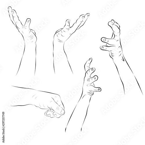 Hand outline collection. Drawn images of hands. Contour human palms, wrists, gestures on a white background. Vector illustration.