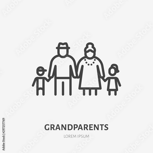 Family line icon, vector pictogram of grandparents with grandchildren. Young boy and girl with elderly relatives, guardian illustration, people sign