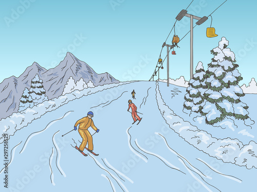 People skiing at the mountains graphic color landscape sketch illustration vector