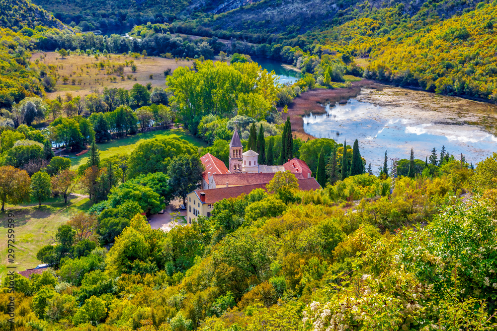 Krka monastery. 14th century Serbian Orthodox Church monastery dedicated to the St. Archangel Michael. Endowment of princess Jelena Nemanjic Subic. Located in Krka National Park, Croatia. Image