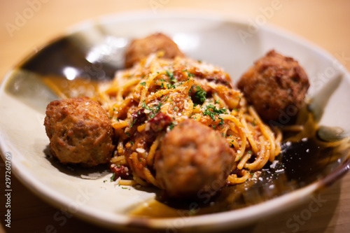 Pasta meat sauce with meatballs. Spaghetti meatballs in italian food restaurant.