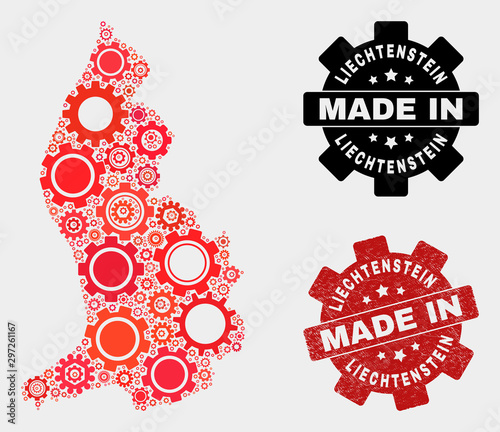 Mosaic industrial Liechtenstein map and scratched stamp. Vector geographic abstraction in red colors. Mosaic of Liechtenstein map combined of random wheel items. Red colored model for mechanic,