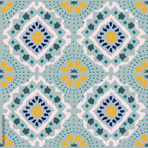 Geometric folk seamless vector pattern with ikat ethnic print of striped ornament