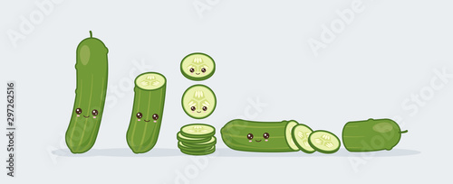 Set cucumber. Cute kawaii smiling food. Vector