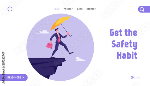 Crisis Protection Website Landing Page. Businessman Leap of Faith. Presumptuous Business Man Walking Off Cliff with Yellow Umbrella and Suitcase Web Page Banner. Cartoon Flat Vector Illustration