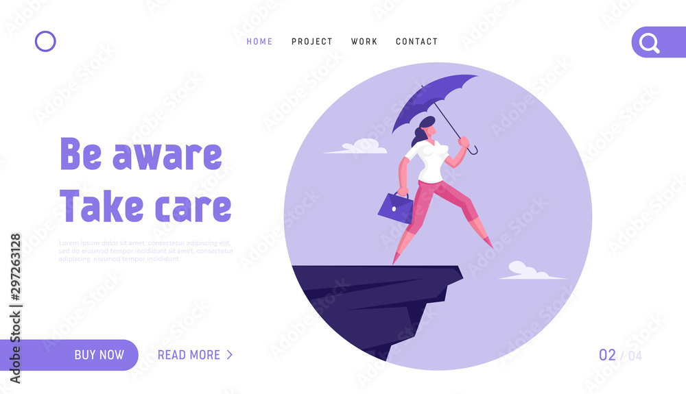 Female Manager Try Avoid Dangerous Situation Website Landing Page. Confident Businesswoman with Purple Umbrella and Briefcase in Hand Step into Abyss Web Page Banner. Cartoon Flat Vector Illustration