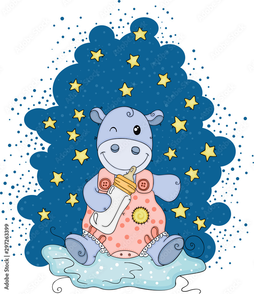 Naklejka premium Night stars illustration with baby hippo holding a milk baby bottle