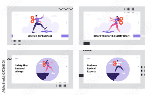 Office Employee Problem Ignorance Website Landing Page Set. Controlled Businesspeople with Clockwork Key Mechanism on Back Step into Abyss and Trap Web Page Banner. Cartoon Flat Vector Illustration