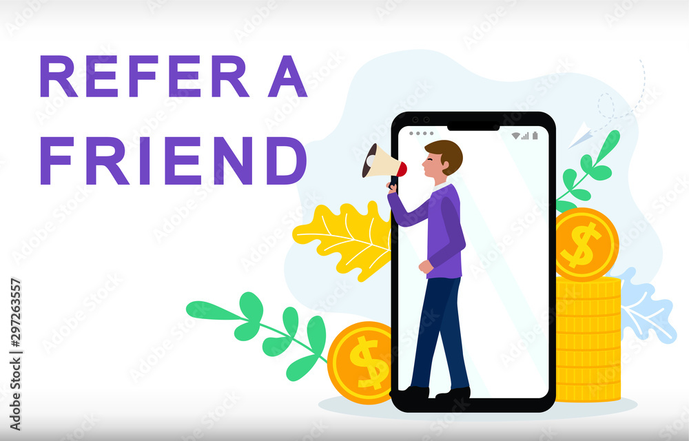 Refer a friend vector illustration concept, man shout on megaphone so can use for landing page, Digital business advertising, Social media marketing.
