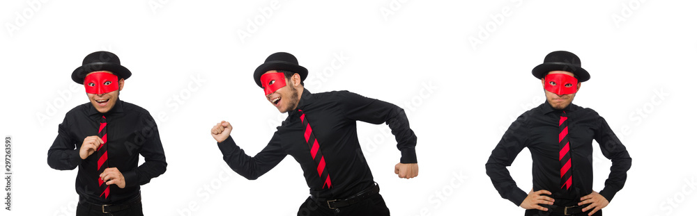 Young man with red mask isolated on white Young man with red mask isolated on white