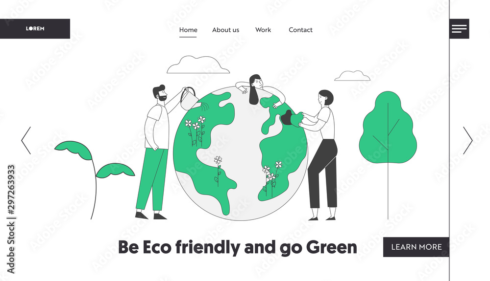 Naklejka premium Environment Care, Day of Earth Website Landing Page. People Stand near Big Earth Globe Caring and Watering Plants. Volunteers Saving Nature Web Page Banner. Cartoon Flat Vector Illustration, Line Art