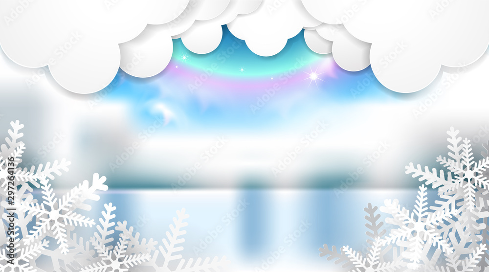 Blue cloudy sky and reflex river background with paper cut style, 3d illustration Blue cloudy sky and reflex river background with paper cut style, 3d illustration