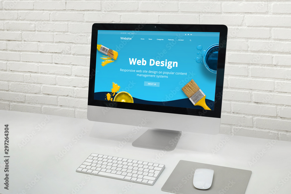 Web design studio concept with modern computer display with web design web site theme concept. - obrazy, fototapety, plakaty 