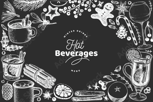 Winter drinks vector design template. Hand drawn engraved style mulled wine, hot chocolate, spices illustrations on chalk board. Vintage christmas background.