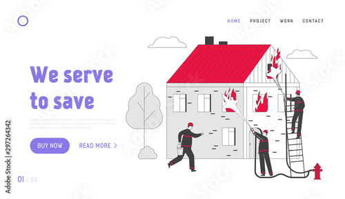 Firemen Fighting with Blaze at Burning House Website Landing Page. Team in Firefighters Uniform Extinguish with Fire, Carry Water Buckets Web Page Banner. Cartoon Flat Vector Illustration, Line Art