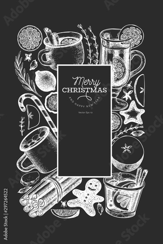 Winter drinks vector design template. Hand drawn engraved style mulled wine, hot chocolate, spices illustrations on chalk board. Vintage christmas background.