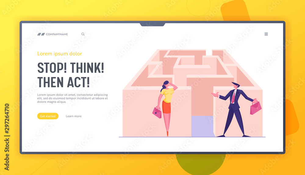 Road to Success in Maze Website Landing Page. Confused Businesswoman and Businessman Stand at Entrance of Labyrinth and Thinking. Business Challenge Web Page Banner. Cartoon Flat Vector Illustration