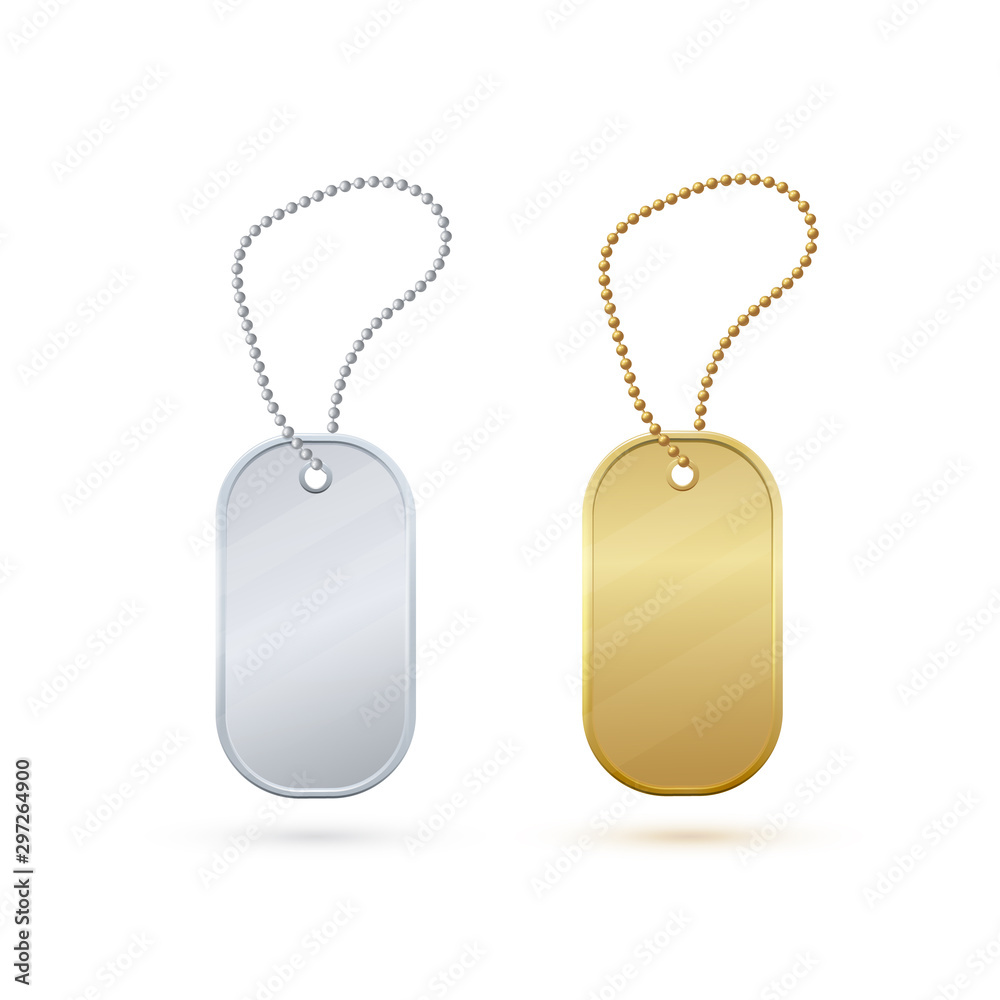 Fototapeta premium Gold and silver empty metal tag on a bead of metal balls.