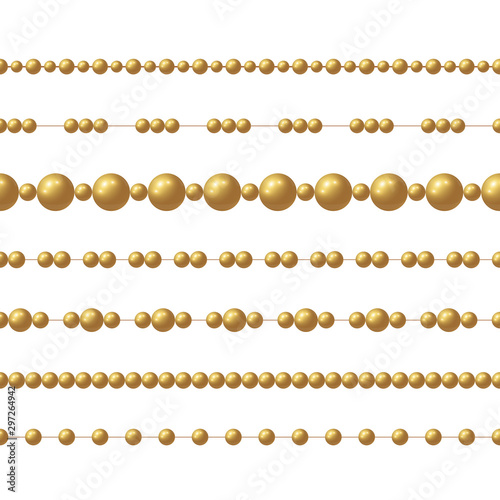 Realistic gold bead chain. Vector set of realistic seamless pattern