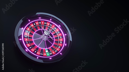 Roulette Wheel Concept Design. Online Casino Gambling Roulette With Neon Purple Lights - 3D Illustration