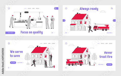 Firefighter Extreme Profession and Smart Factory Website Landing Page Set. Innovation Manufacturing Conveyor, Firemen Extinguish with Fire Web Page Banner. Cartoon Flat Vector Illustration, Line Art