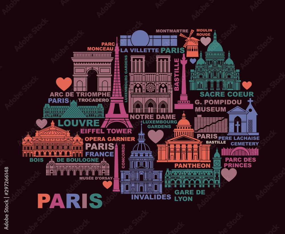 Vector stylized map of Paris with landmarks and symbols of France