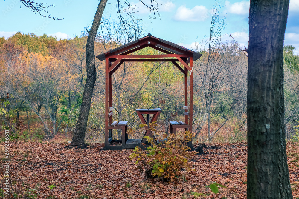 on both sides of the table are wooden benches in a gazebo made of bars in the forest in autumn