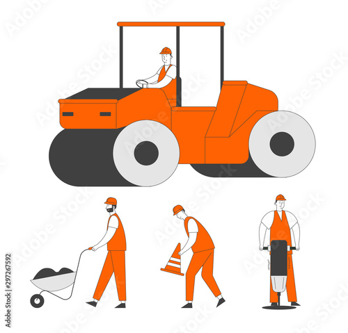 Road Repair and Construction Set. Compactor Rolling Machine and Working People with Cones, Wheelbarrow and Jackhammer. Heavy Vehicle Asphalt Maintenance. Cartoon Flat Vector Illustration, Line Art