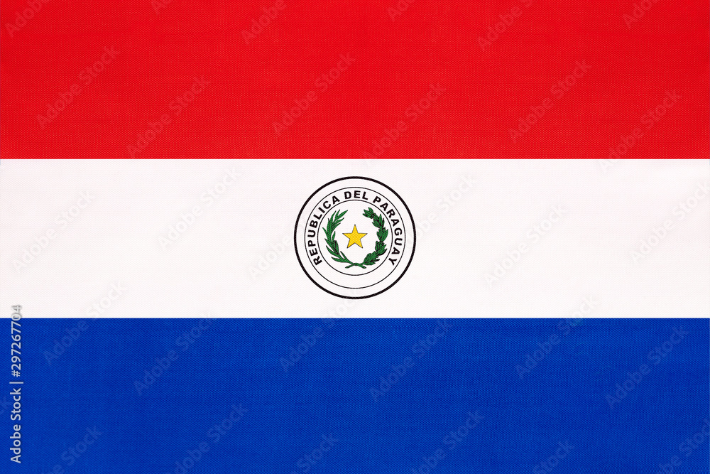 Paraguay national fabric flag, textile background. Paraguayan state official sign.