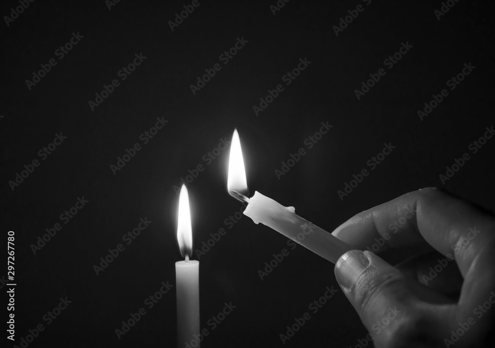 Black and white image concept, Candle light in a dark room., One candle ...