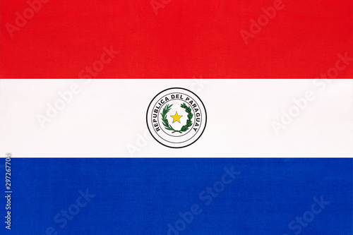 Paraguay national fabric flag, textile background. Paraguayan state official sign.