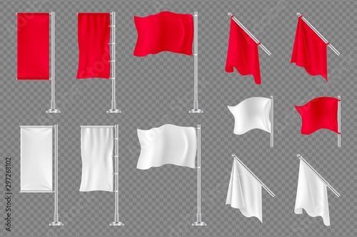 Flag banners. Vector realistic textile flags mockup isolated on transparent background. Illustration empty realistic textile, fabric blank mockup