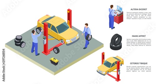 Car service concept. Vector venicle and tire service isometric illustration. Technicians repair cars with auto industrial equipment. Car auto repair in garage industry, diagnostics service station photo