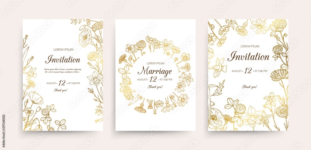Wedding invitation cards. Floral wedding flyers with wildflowers. Hand drawn gold flowers vintage invitations template. Wedding invitation card, illustration botanical flyer