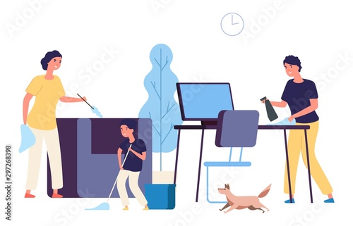 Family cleaning apartment. Parents, kid wasing floor, remove dust. Daily routine vector illustration, domestic work. Family cleaning home or apartment © MicroOne