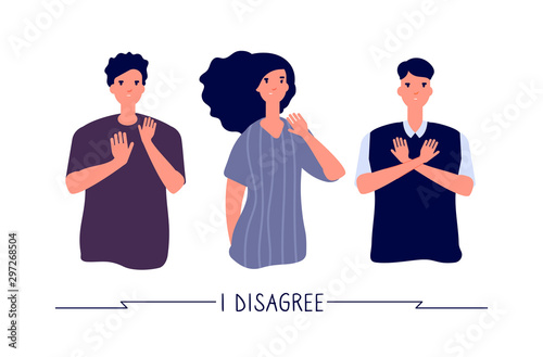People with negative gestures. Young persons negative, dislike and stop, refusing gesture. Prohibition vector concept. Illustration stop gesture, no and refuse expression, rejection and forbidden