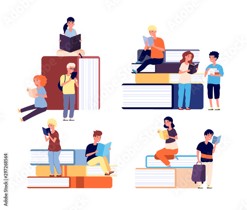 Children with books. Tiny school girls and boys with huge book. Kids with textbooks. Readers, education and learning vector concept. Illustration education boy and girl read school books