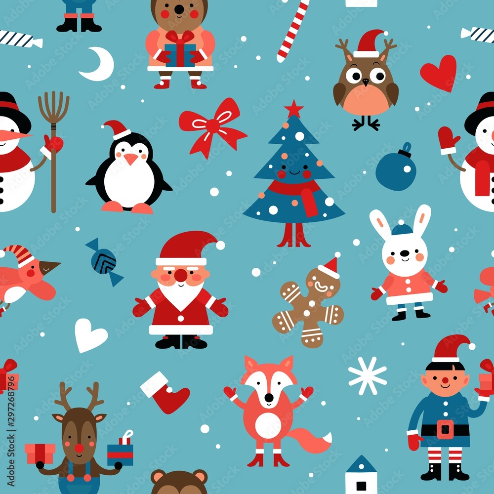 Christmas characters pattern. Santa, gingerbread Man and rabbit, elf and deer, fox. 2020 new year vector seamless texture. Illustration christmas character snowman and penguin, gingerbread Christmas characters pattern. Santa, gingerbread Man and rabbit, elf and deer, fox. 2020 new year vector seamless texture. Illustration christmas character snowman and penguin, gingerbread