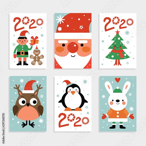 Christmas characters card set. Santa, penguin and fir-tree, white rabbit and owl, elf with gift. 2020 new year party vector invitation. Christmas penguin and deer, december winter illustration