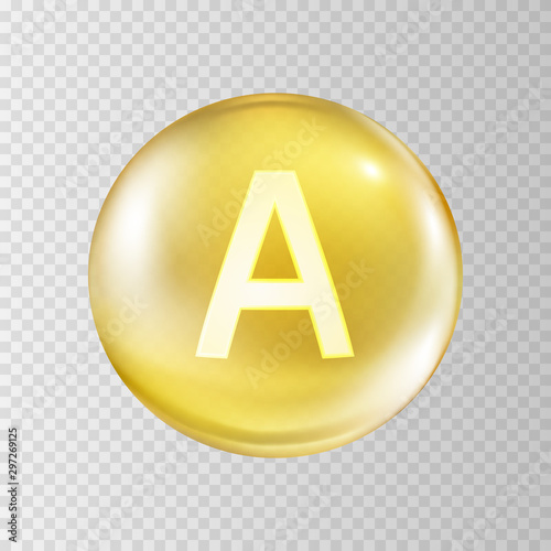 Vitamin A gold bubble capcule isolated on transparent background. Golden oil ball icon. Vector realistic sphere pill with retinol serum, beta carotene.