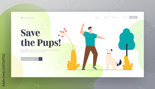 Man Playing Ball with Pet Website Landing Page. Leisure, Communicating with Home Animal in Park. Character Walking with Dog Outdoors in City Park Web Page Banner. Cartoon Flat Vector Illustration