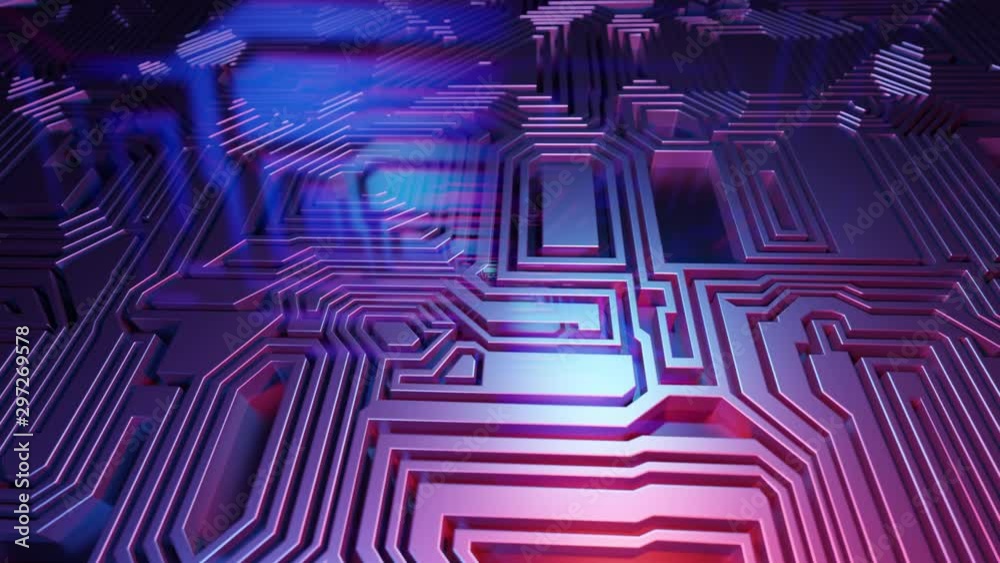 3D Rendered looping abstract background animation. Flying over panel of microchips. Labyrinth. Pink, purple, red and blue colors 3D Rendered looping abstract background animation. Flying over panel of microchips. Labyrinth. Pink, purple, red and blue colors