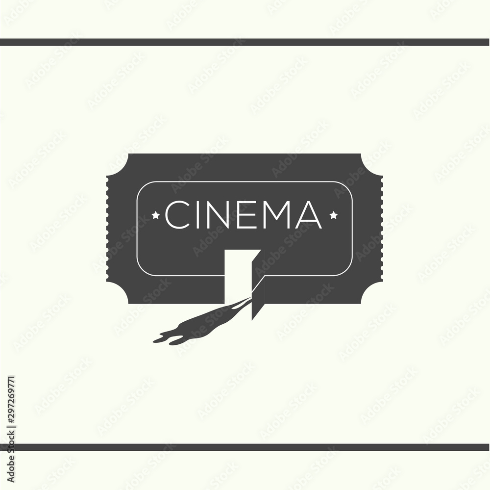 Cinema ticket with an opened door like enter to the cinema with a silhouette of a couple. Creative black and white illustration, logo design template.