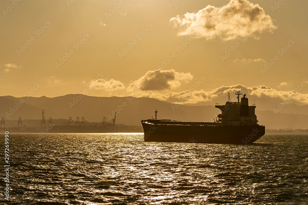 Cargo ship on the road at sunset. Logistics import and export business.