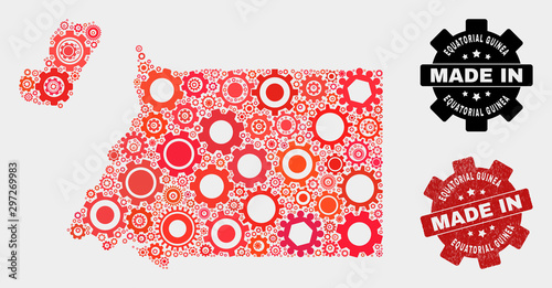 Mosaic industrial Equatorial Guinea map and grunge seal. Vector geographic abstraction in red colors. Mosaic of Equatorial Guinea map designed from scattered wheel items.