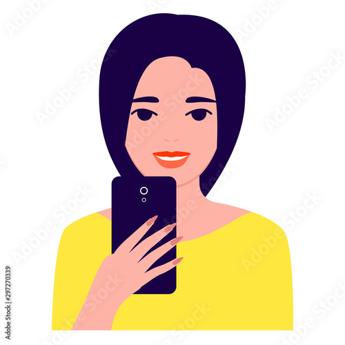 Happy beautiful young woman with mobile phone, front view. Photographing, reading, chatting. Smartphone and internet addiction. Vector flat illustration on white background