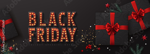 Retro light bulbs sign Black friday sale banner layout design template. Advertising Poster design.Vector illustration.Realistic black gift and red stars.Vector illustration